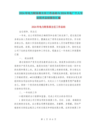 2024年电力财务部主任工作总结与2024年电厂个人专业技术总结报告汇编