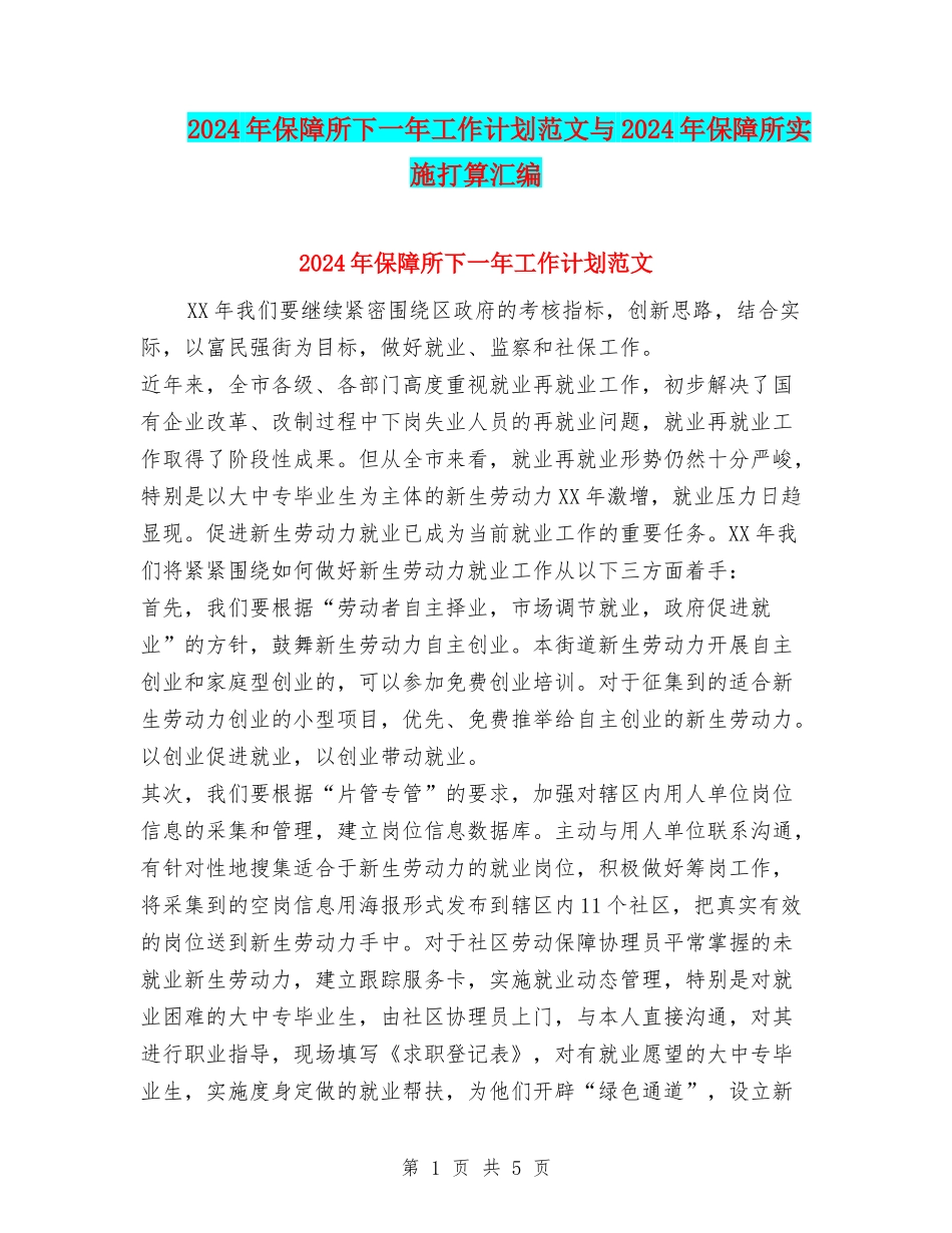 2024年保障所下一年工作计划范文与2024年保障所实施打算汇编_第1页