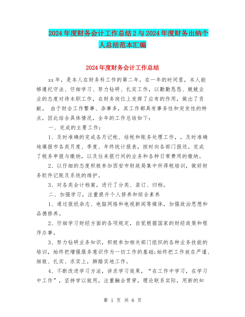 2024年度财务会计工作总结2与2024年度财务出纳个人总结范本汇编_第1页