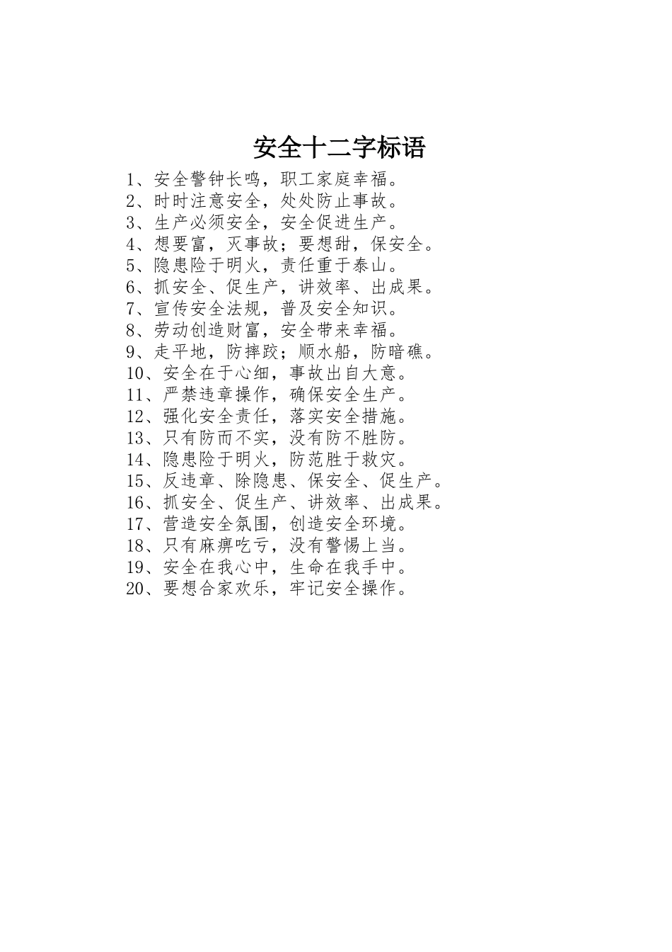 安全十二字标语集锦_第1页