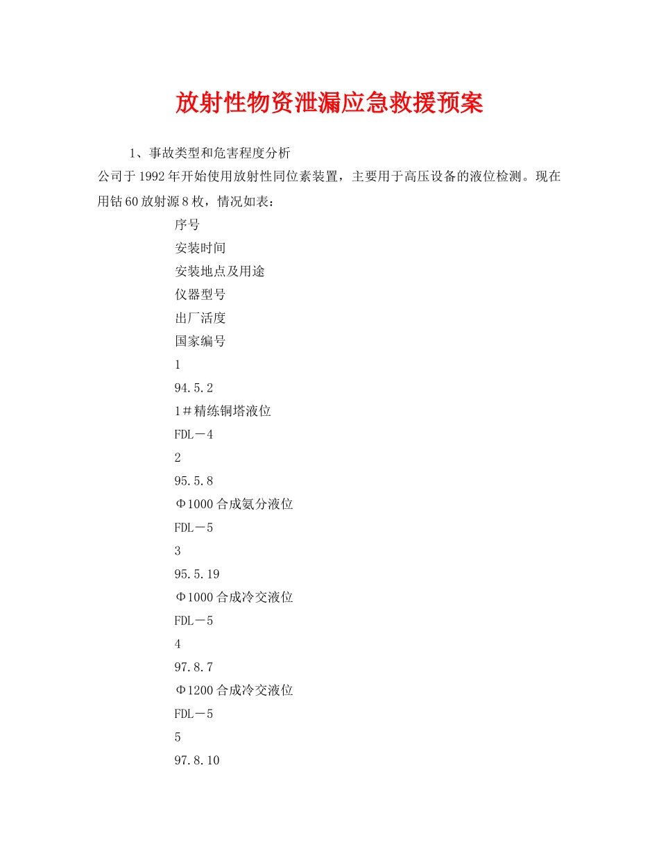《安全管理应急预案》之放射性物资泄漏应急救援预案 _第1页