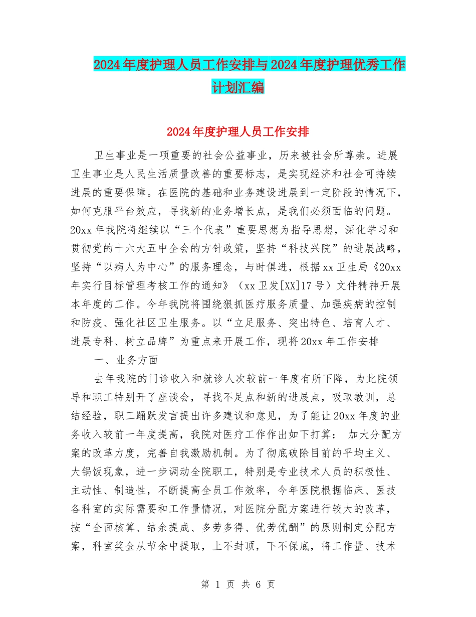 2024年度护理人员工作安排与2024年度护理优秀工作计划汇编_第1页