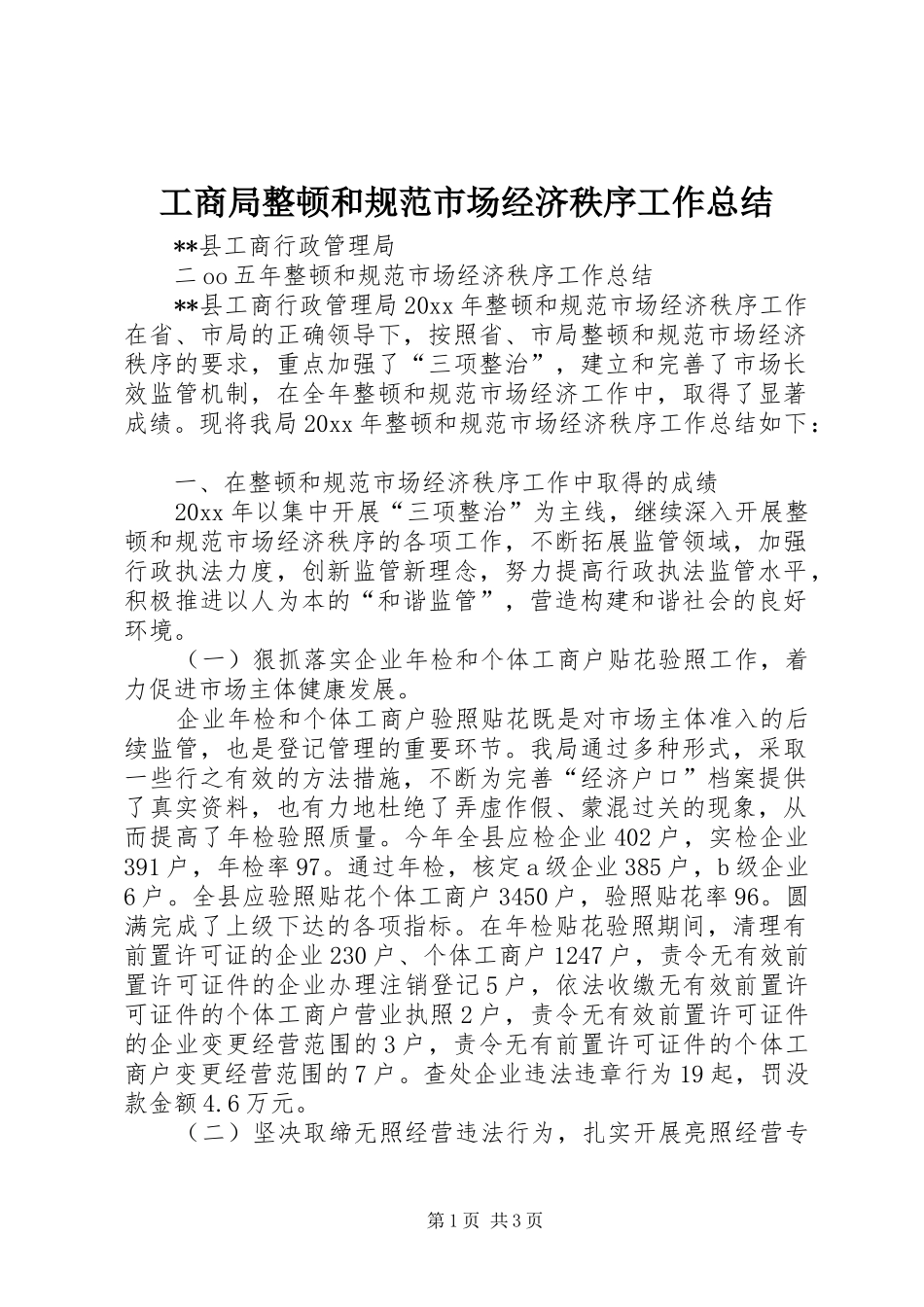 工商局整顿和规范市场经济秩序工作总结_第1页