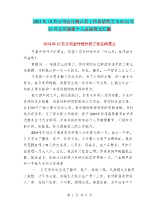2024年10月公司会计统计员工作总结范文与2024年10月公司保密个人总结范文汇编