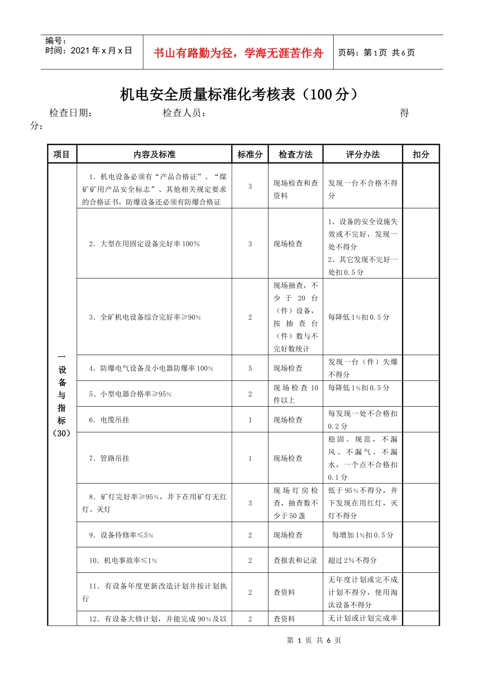 机电安全质量标准化考核表_第1页