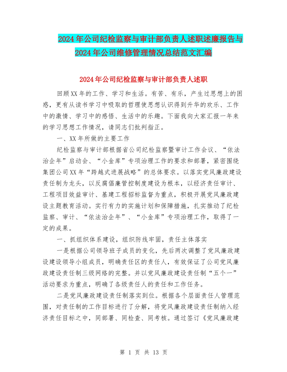 2024年公司纪检监察与审计部负责人述职述廉报告与2024年公司维修管理情况总结范文汇编_第1页