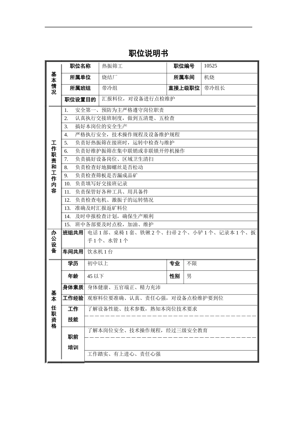 烧结厂机烧带冷组热振筛工职位说明书_第1页