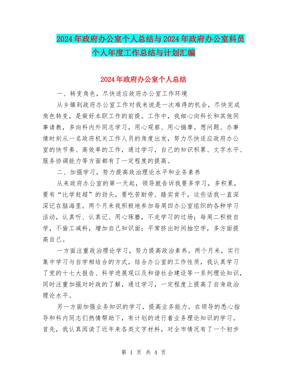2024年政府办公室个人总结与2024年政府办公室科员个人年度工作总结与计划汇编_第1页