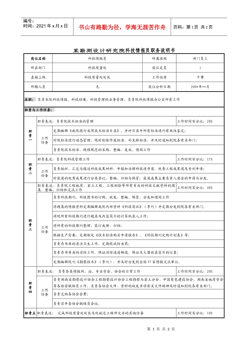 某勘测设计研究院科技情报员职务说明书_第1页