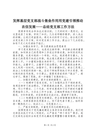 发挥基层党支部战斗堡垒作用用党建引领推动农信发展——总结党支部工作方法