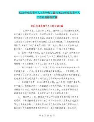 2024年业务员个人工作计划3篇与2024年业务员个人工作计划样例汇编