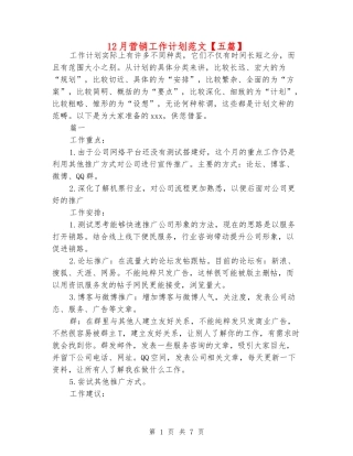 12月营销工作计划范文