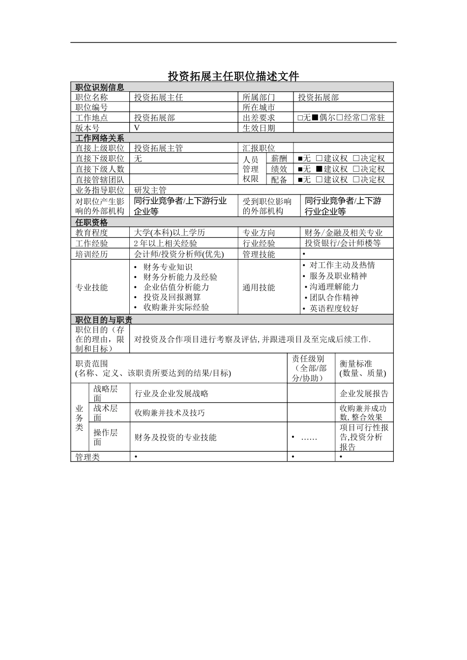 投資主任岗位说明书_第1页