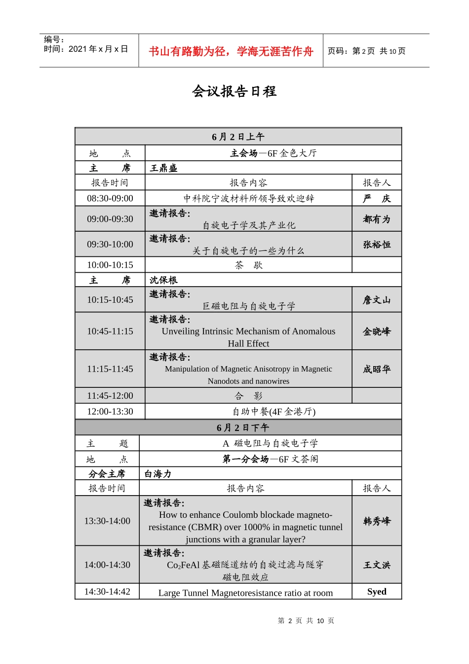 第六届全国磁性薄膜与纳米磁学会议议程-会议日程总表_第2页