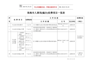 珠海市人事局(编办)收费项目一览表