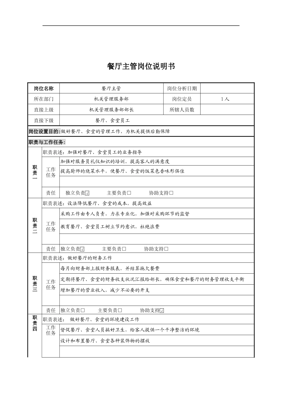 餐厅主管岗位说明书_第1页