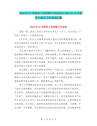 2024年12月新员工试用期工作总结与2024年12月新员工转正工作总结汇编