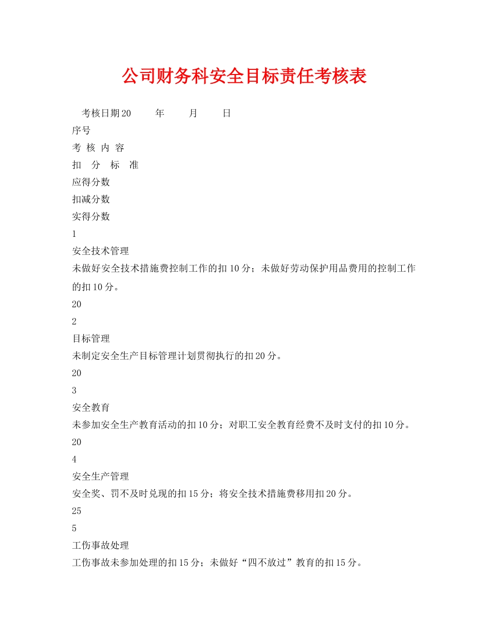 《安全管理资料》之公司财务科安全目标责任考核表 _第1页