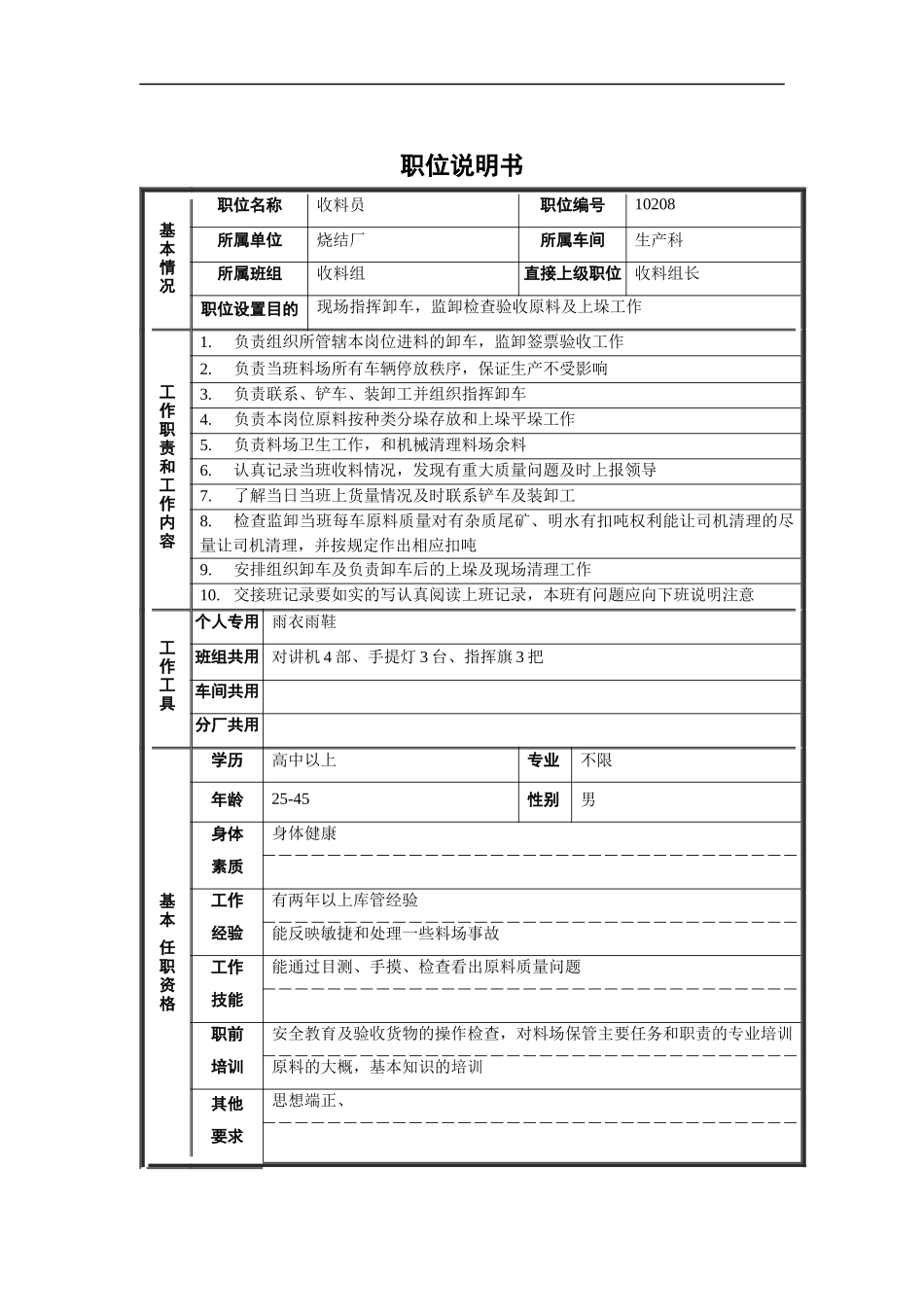 烧结厂收料员职位说明书_第1页