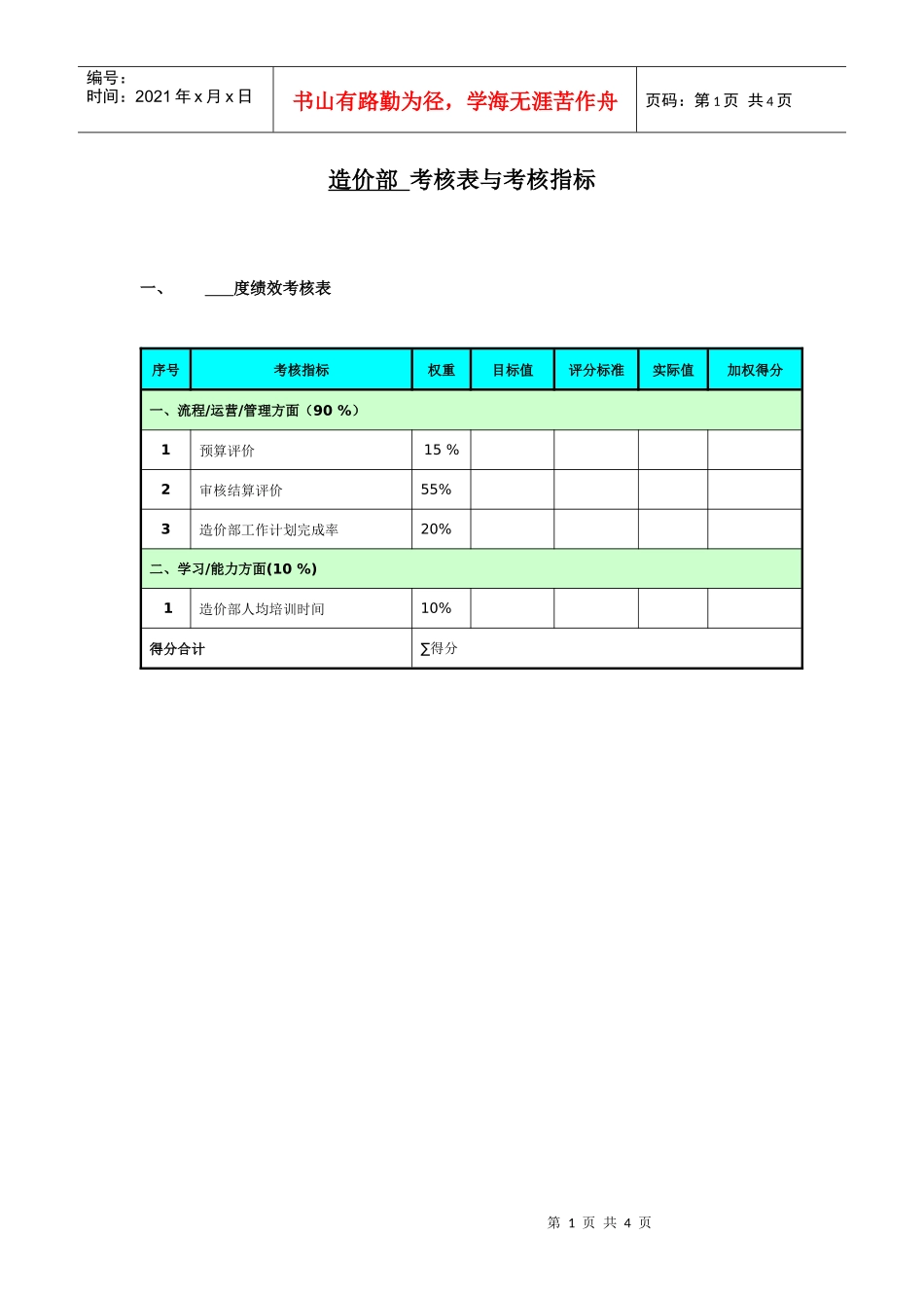 造价部考核表与考核指标_第1页