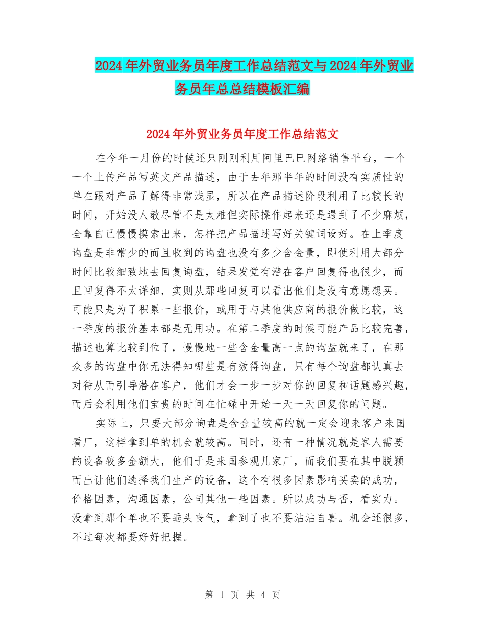 2024年外贸业务员年度工作总结范文与2024年外贸业务员年总总结模板汇编_第1页