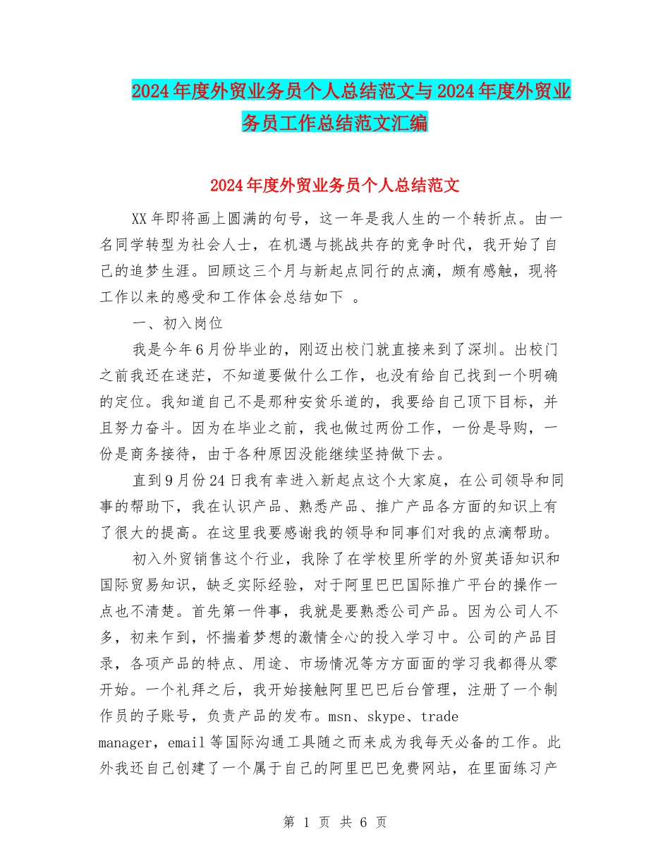 2024年度外贸业务员个人总结范文与2024年度外贸业务员工作总结范文汇编_第1页