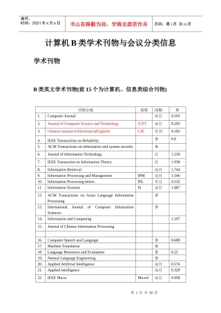 计算机b类刊物与会议分类信息