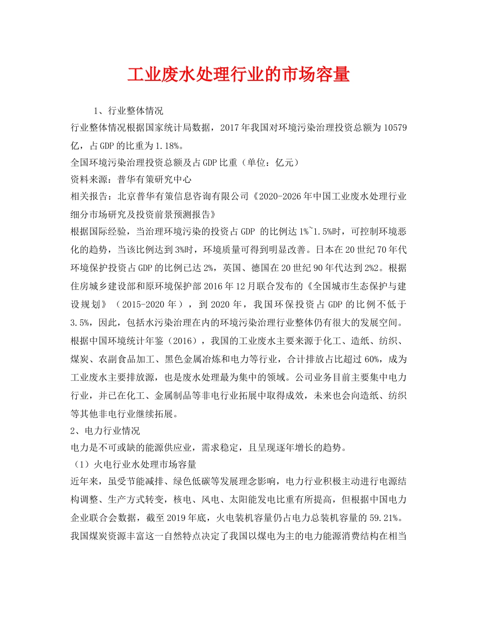 《安全环境-环保技术》之工业废水处理行业的市场容量 _第1页
