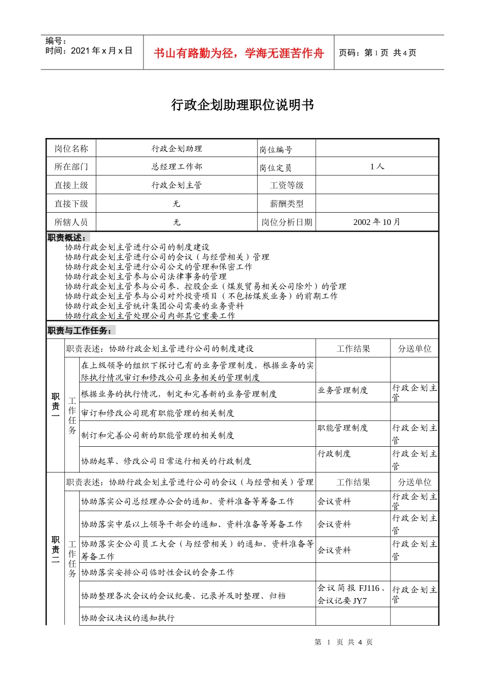 煤炭行业-集团公司-总经理工作部-行政企划助理岗位说明书_第1页