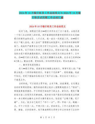 2024年10月银行柜员工作总结范文与2024年10月银行职员试用期工作总结汇编