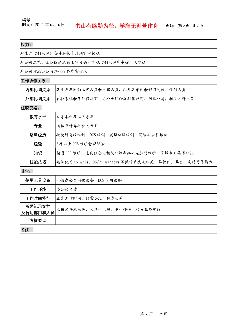 某化纤企业计控工程师职务说明书_第2页