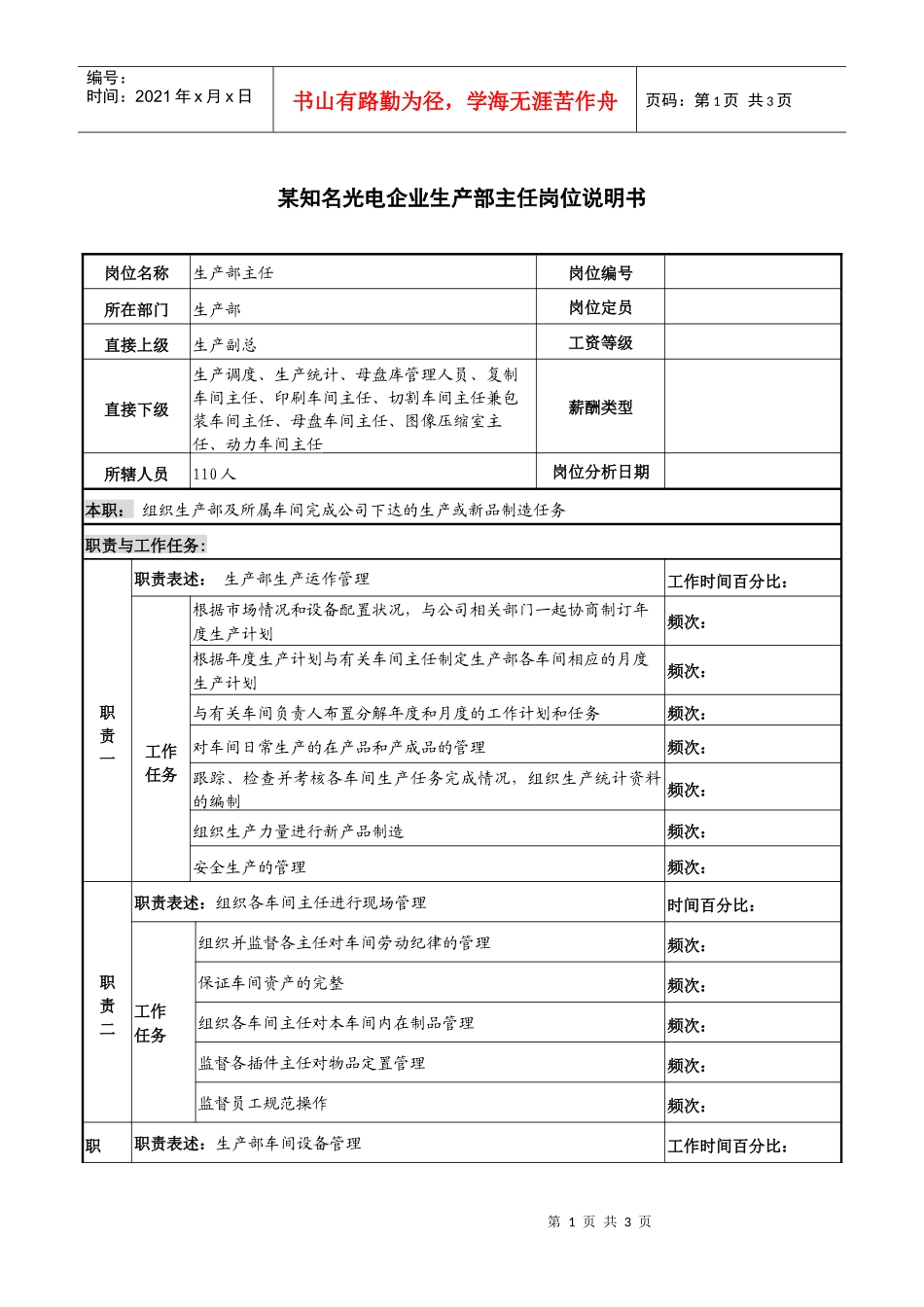 某知名光电企业生产部主任岗位说明书_第1页