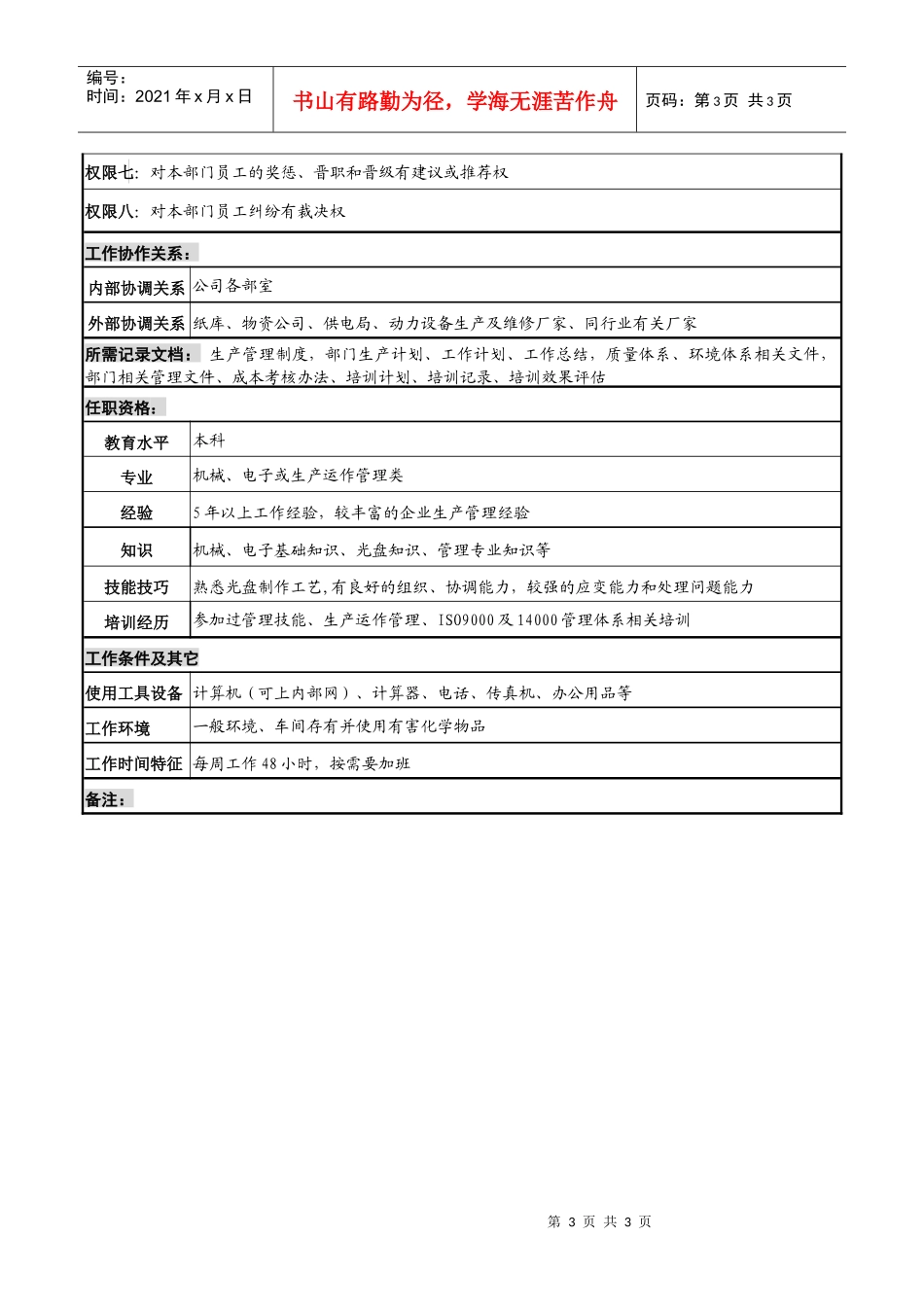 某知名光电企业生产部主任岗位说明书_第3页