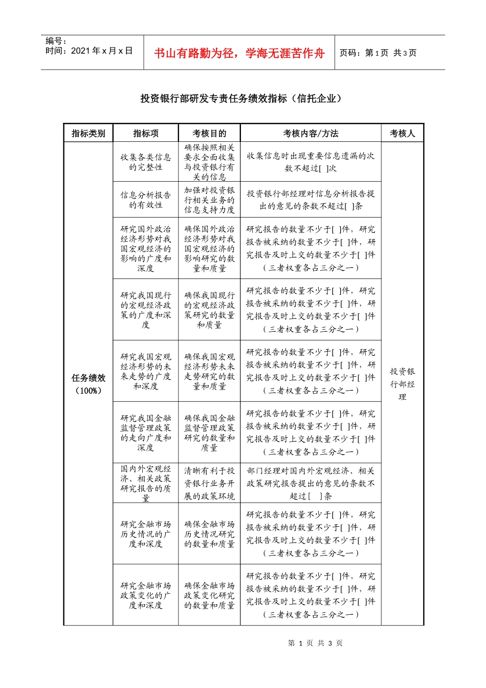 投资银行部研发专责任务绩效指标（信托企业）_第1页