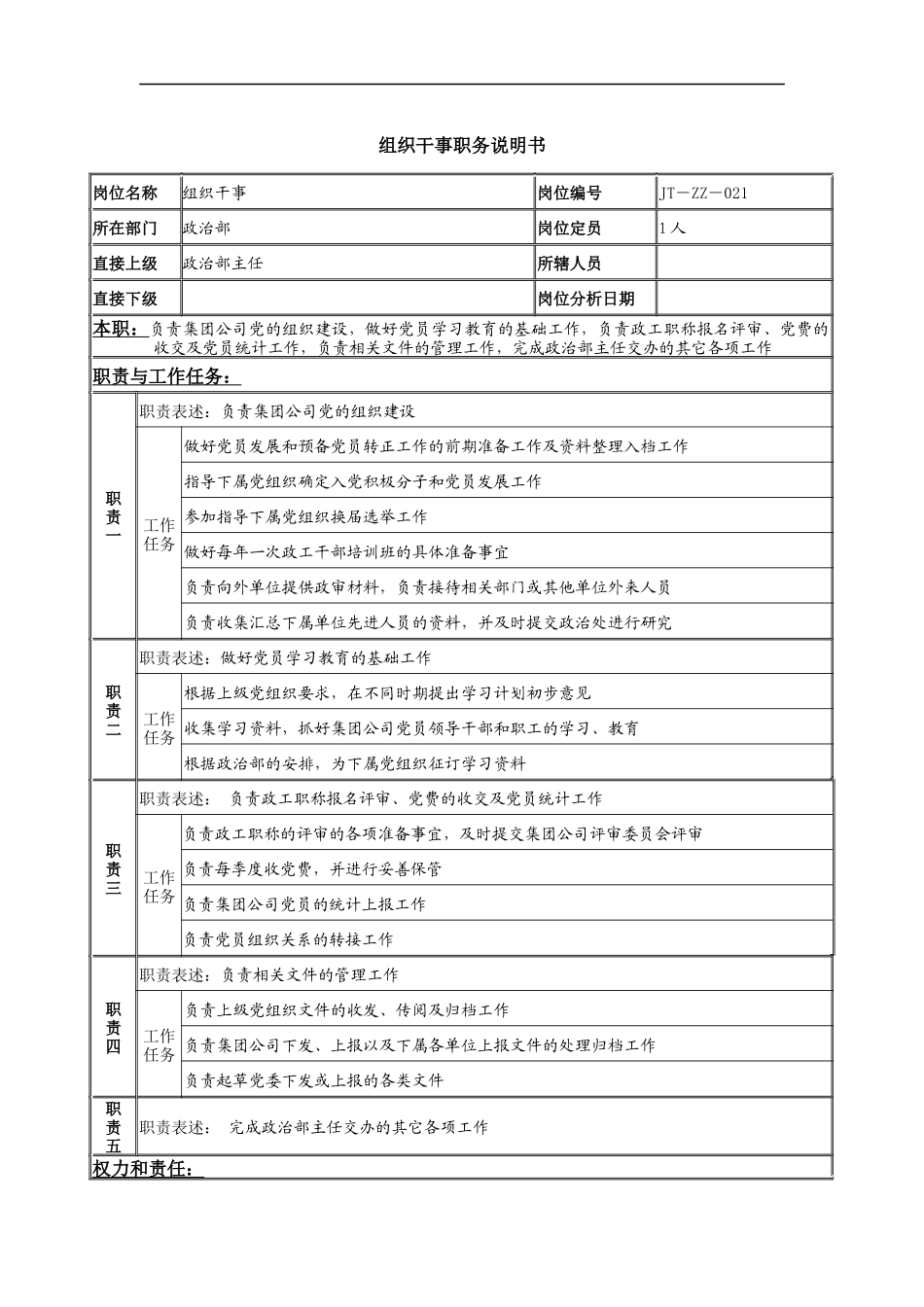 组织干事岗位说明书_第1页