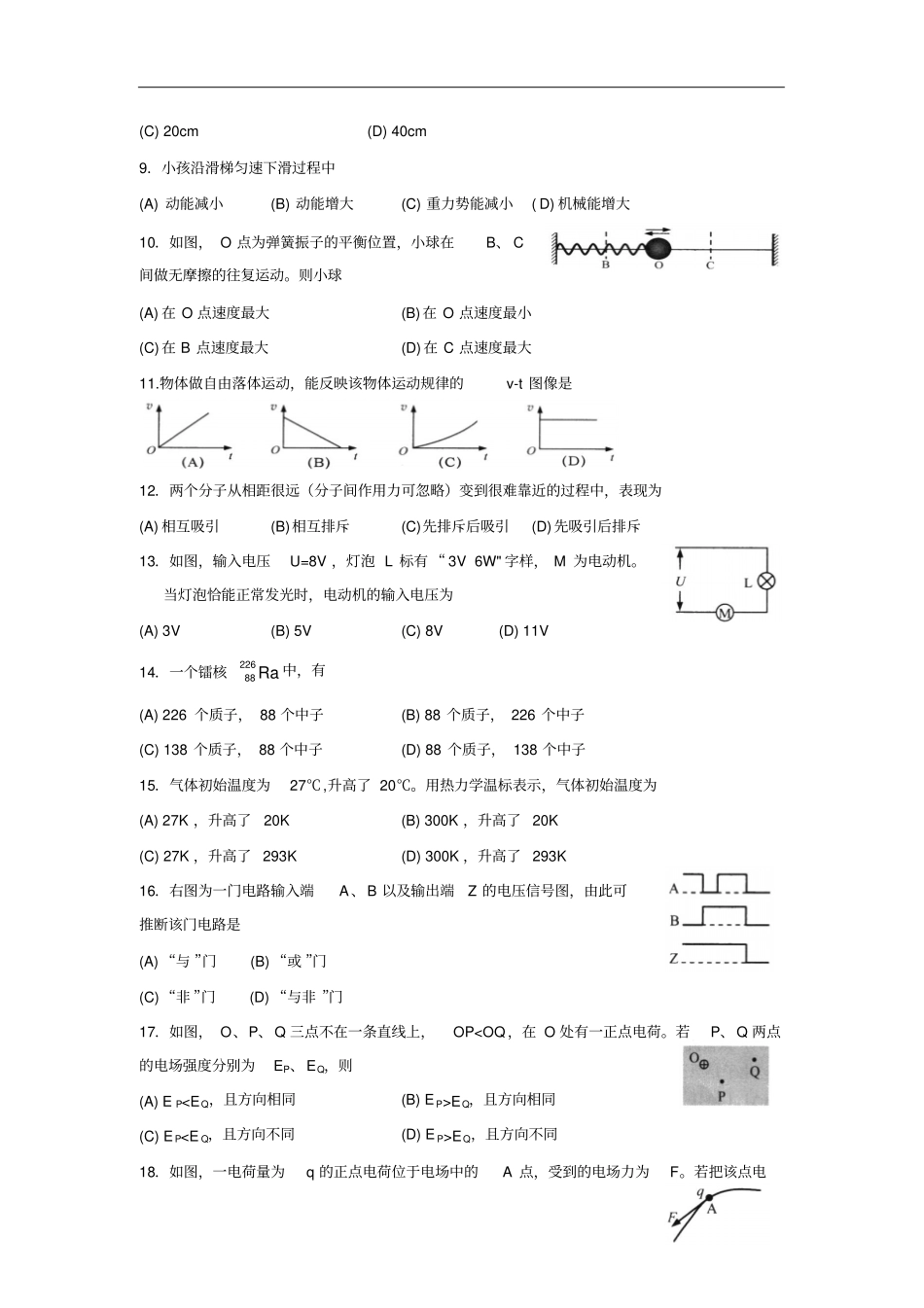 2018年上海市普通高中学业水平合格性考试物理试题含答案_第2页