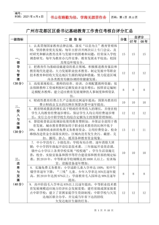 广州市花都区区委书记基础教育工作责任考核自评分汇总