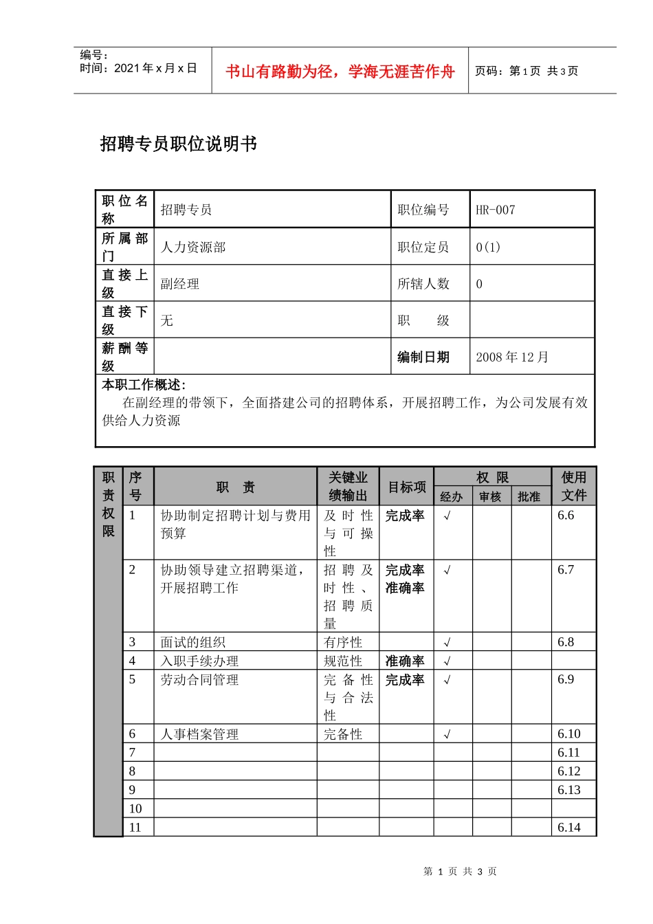 某航空物流公司招聘专员职位说明书及关键绩效标准_第1页