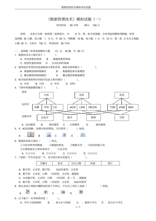 数据管理技术模拟考试试题