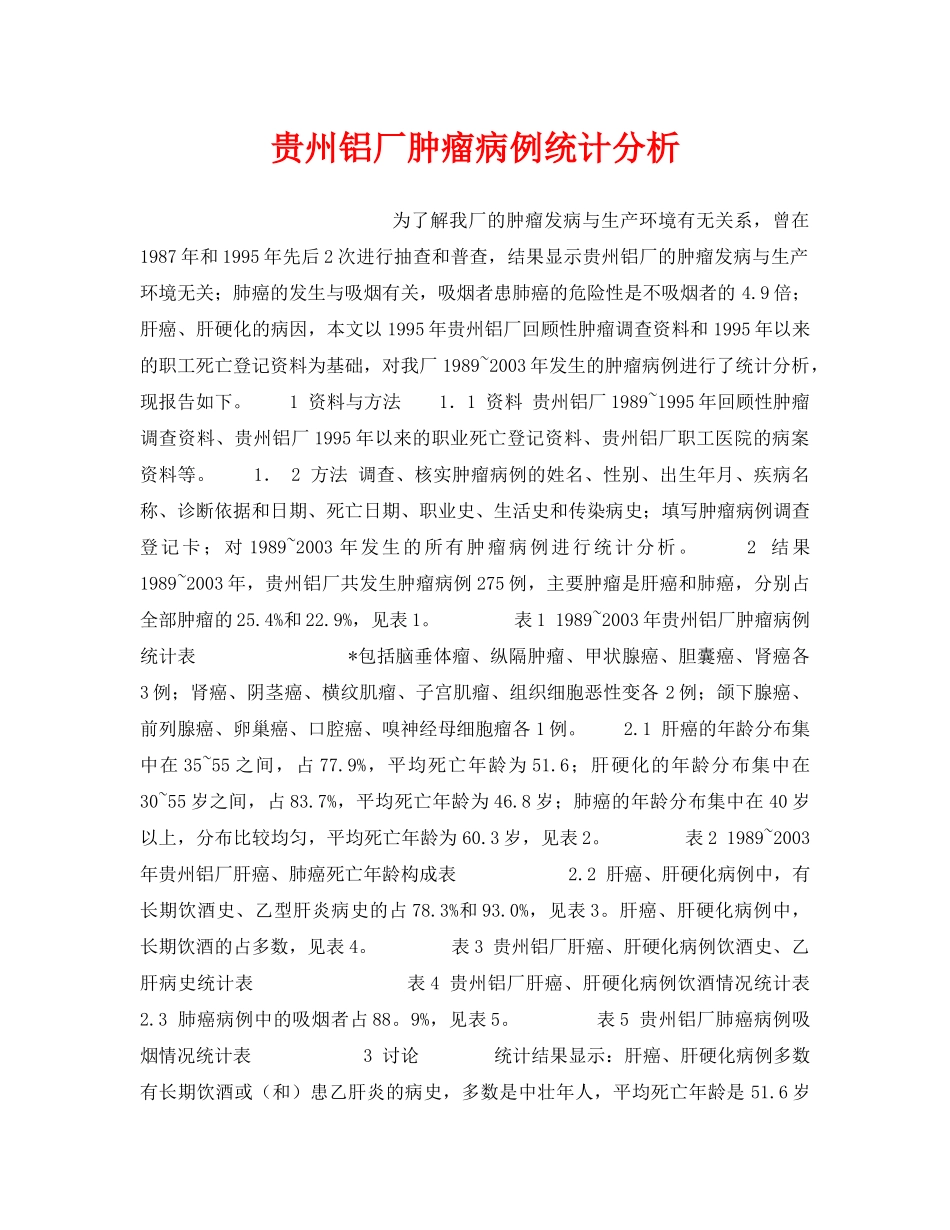 《安全管理职业卫生》之贵州铝厂肿瘤病例统计分析 _第1页