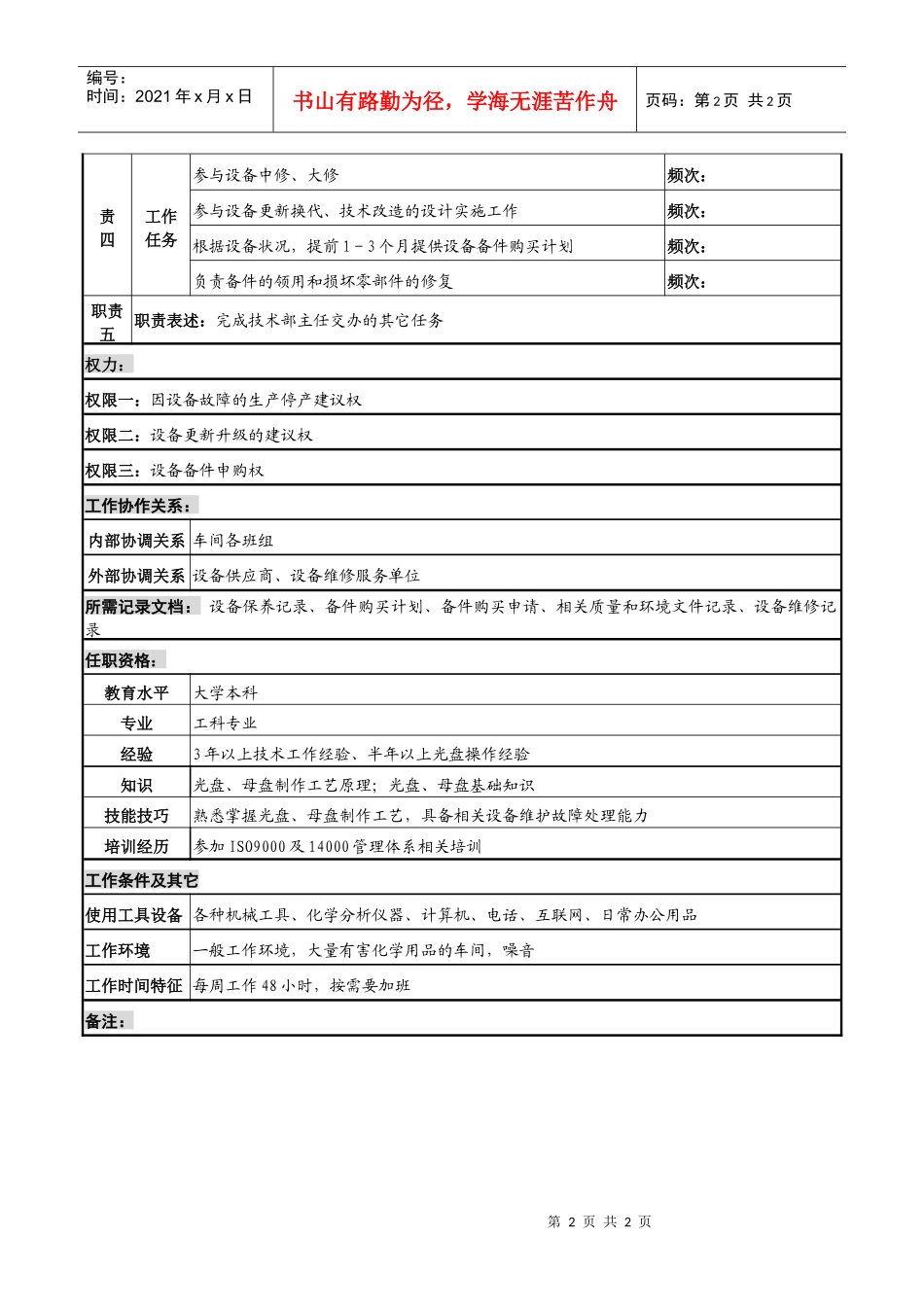 某知名光电企业维修工程师岗位说明书_第2页