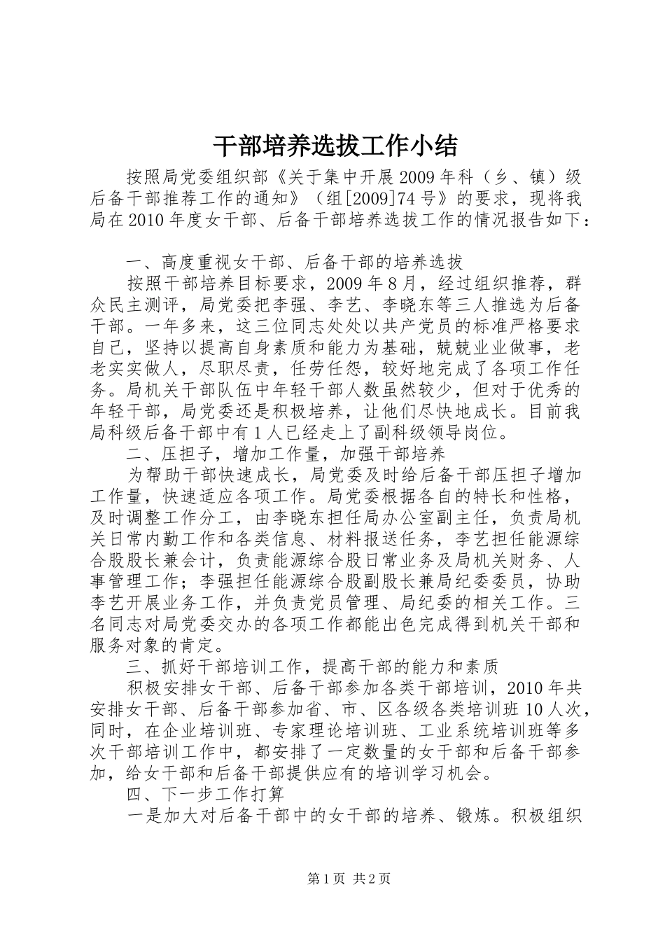 干部培养选拔工作小结_第1页