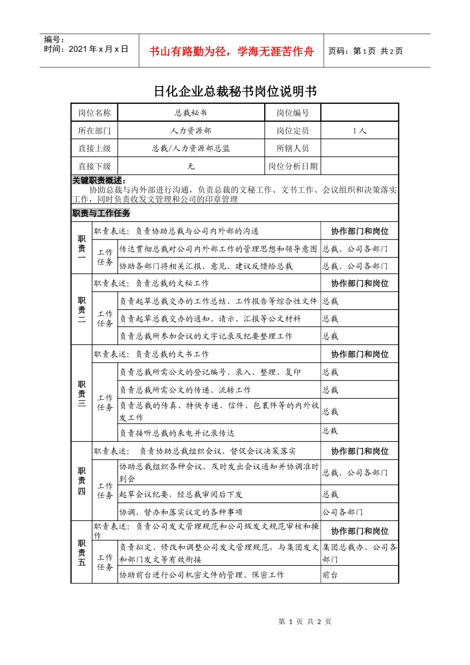 日化企业总裁秘书岗位说明书_第1页