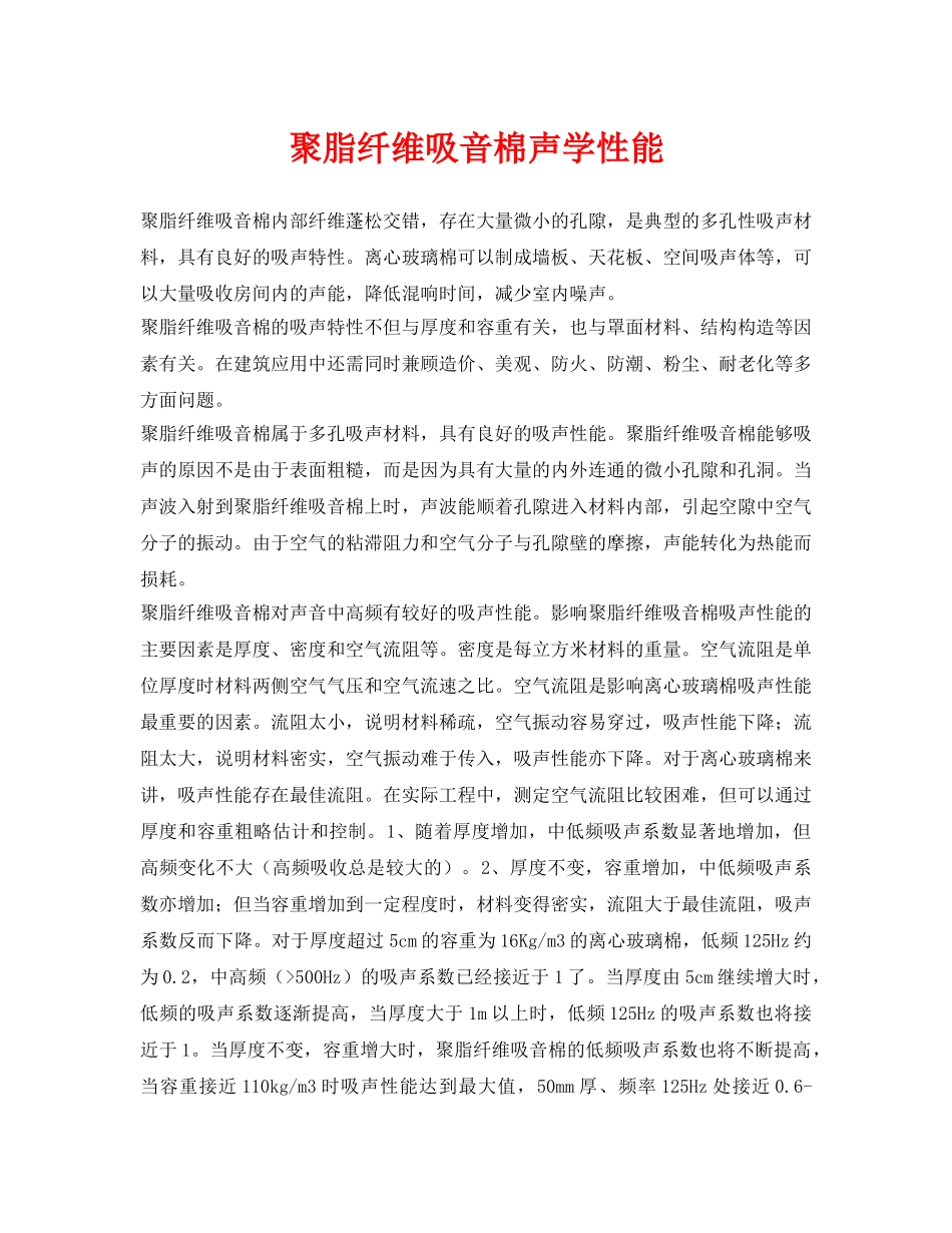 《安全环境-环保技术》之聚脂纤维吸音棉声学性能 _第1页
