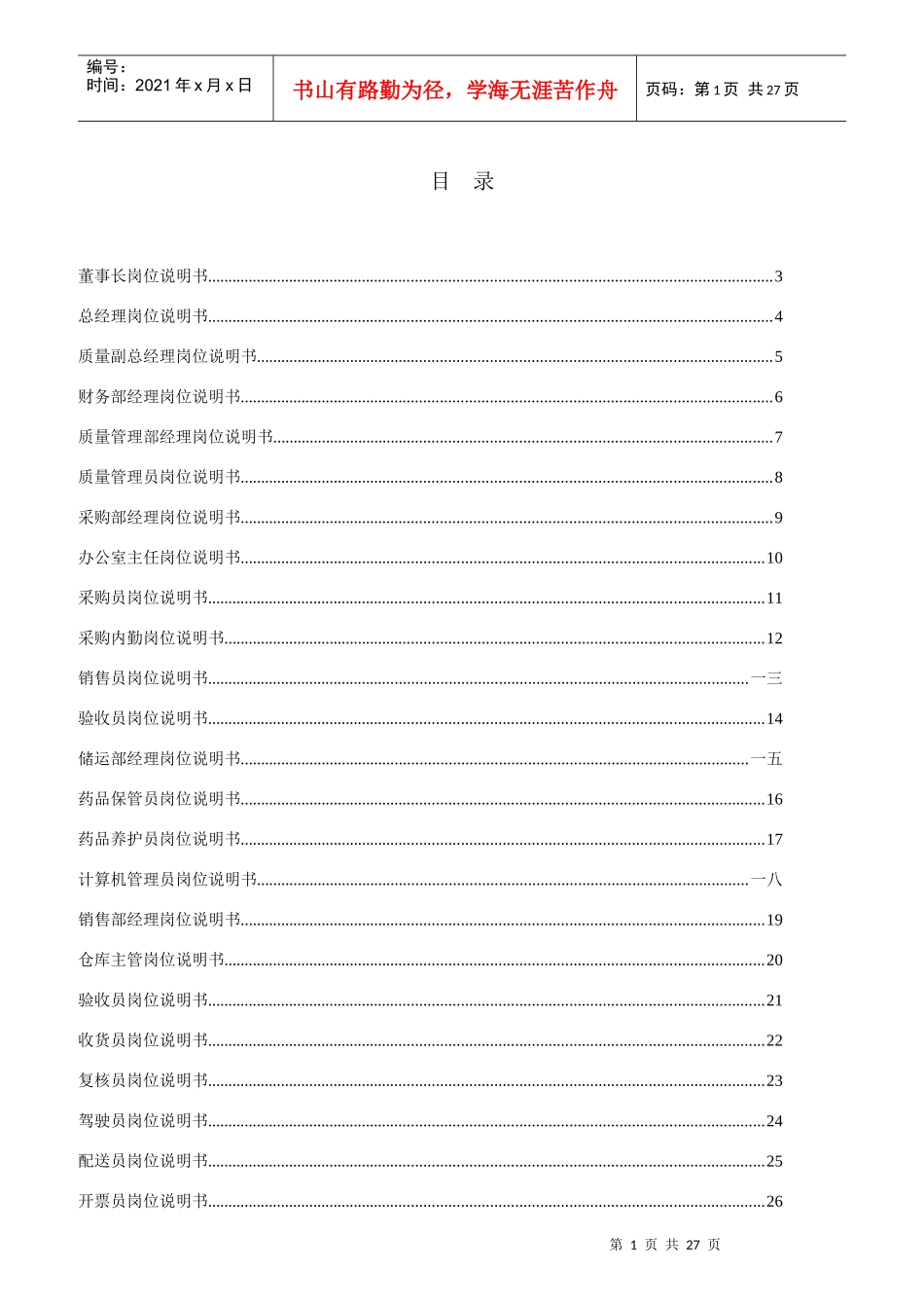 某公司岗位部门职能说明书_第1页