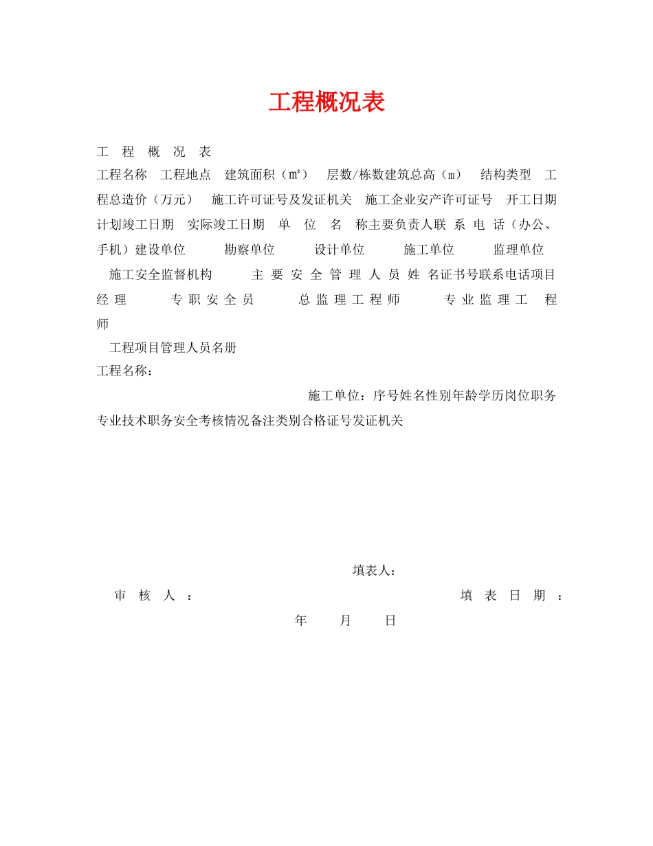 《安全管理资料》之工程概况表 _第1页