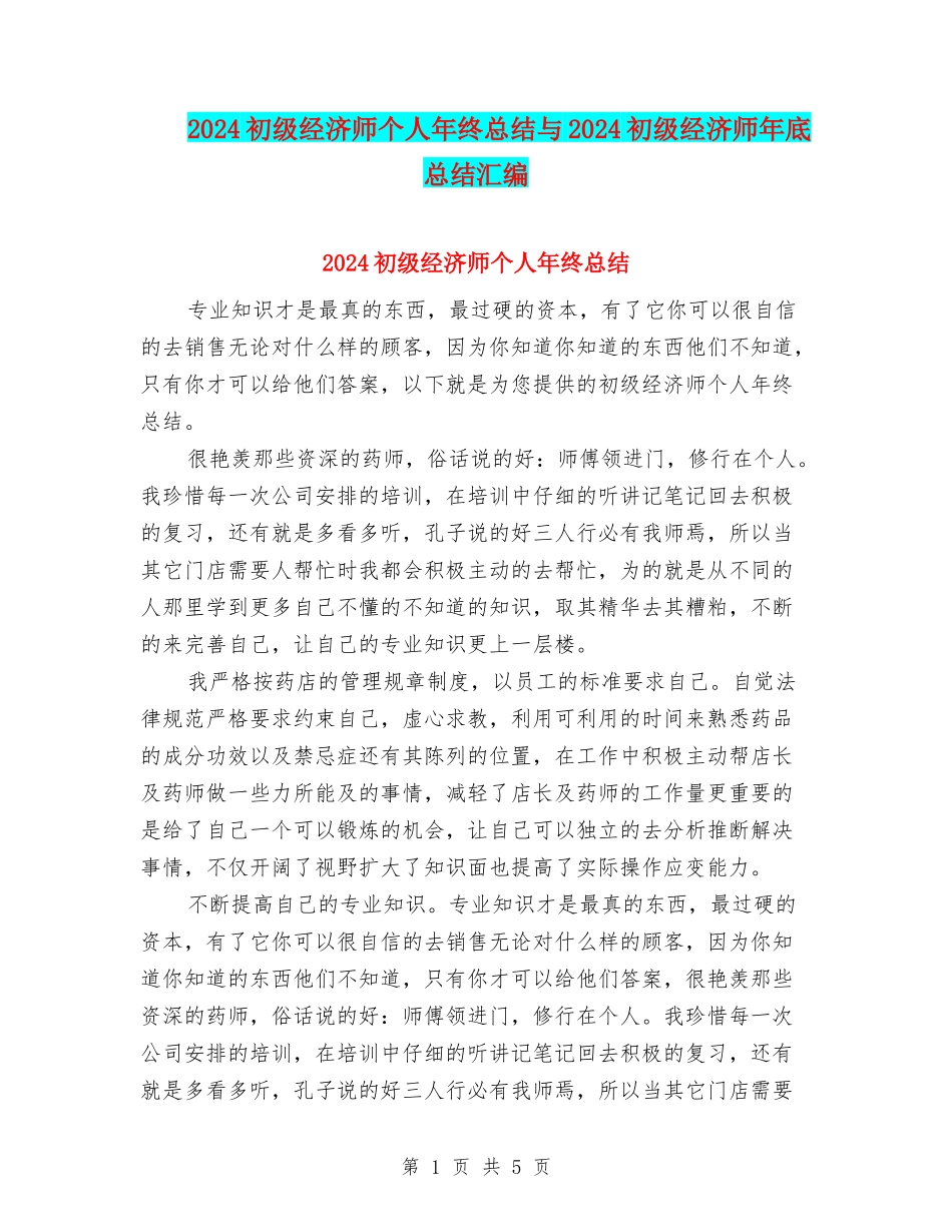 2024初级经济师个人年终总结与2024初级经济师年底总结汇编_第1页