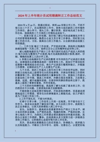 2017年上半年统计员试用期满转正工作总结范文