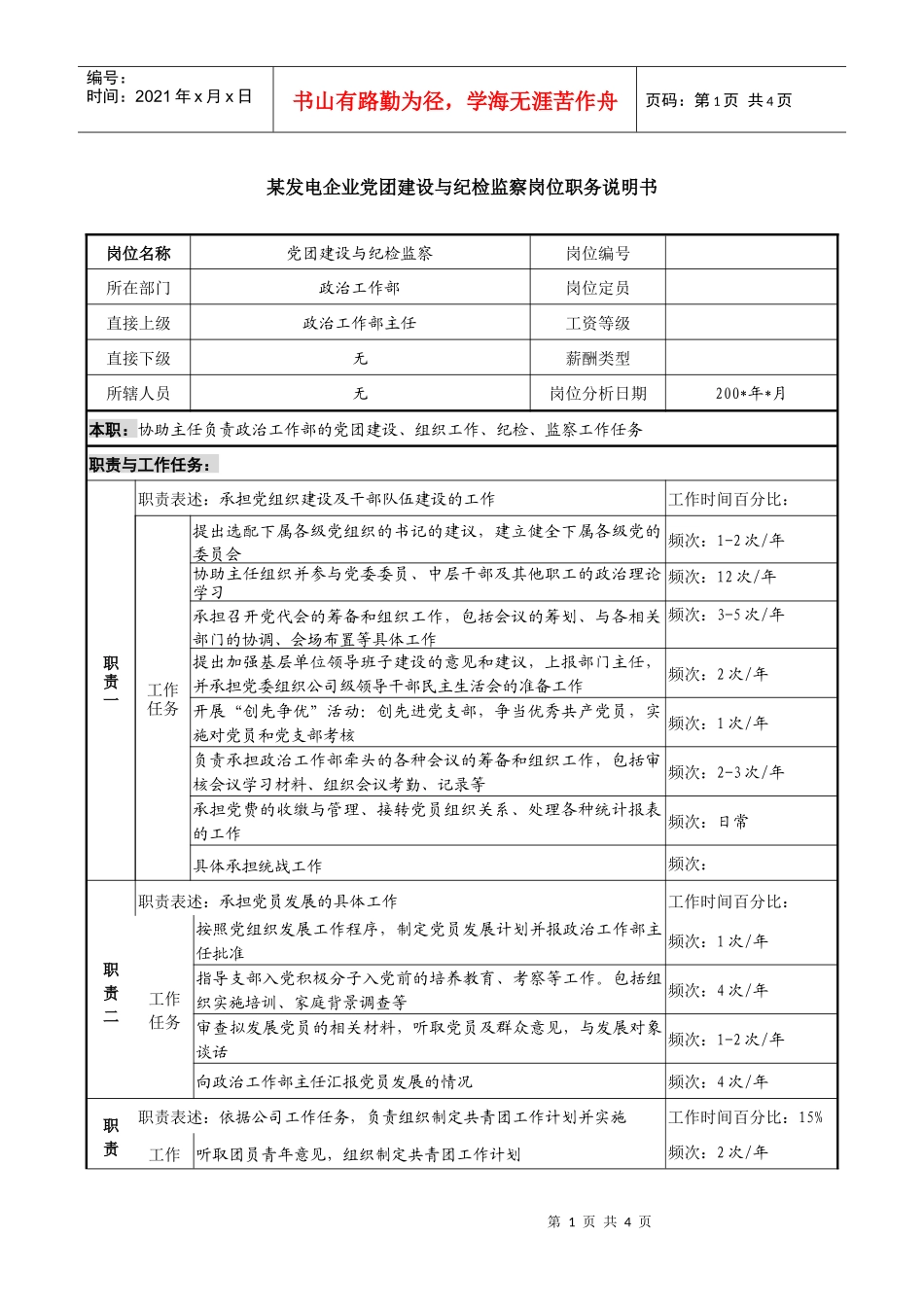 某发电企业党团建设与纪检监察岗位职务说明书_第1页
