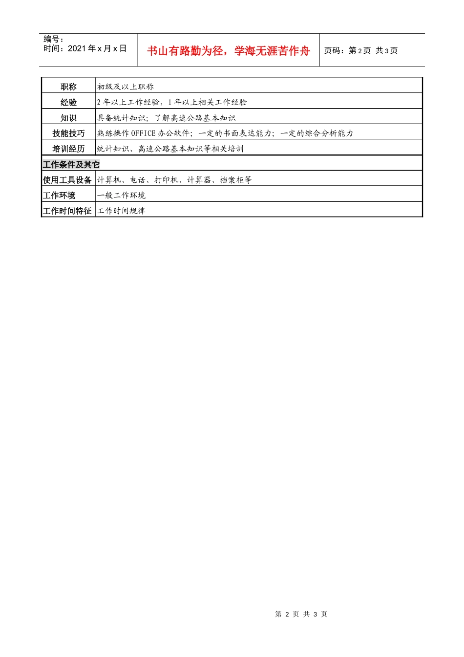 某高速公路公司计划统计岗岗位说明书_第2页